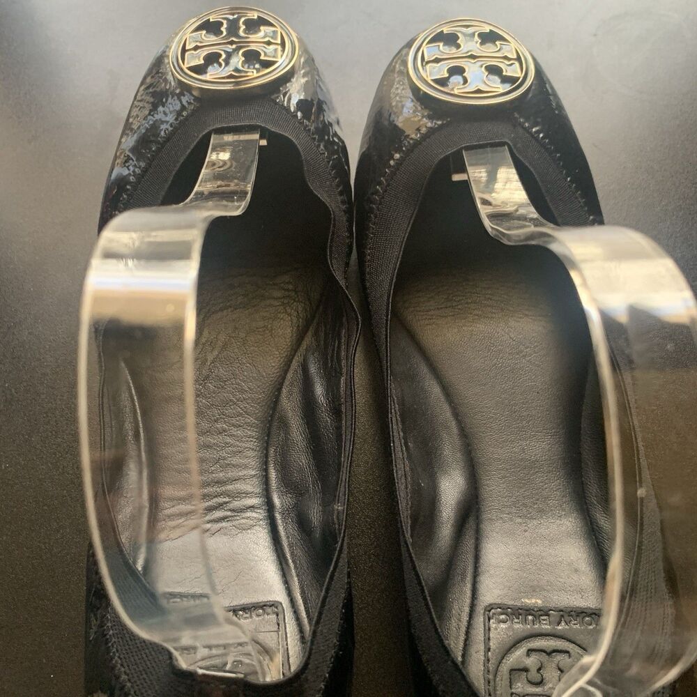 Sold Tory Burch Black Vinyl Ballet Flats Size 9.5 Gold Black Hardware Clean - Picture 3 of 7